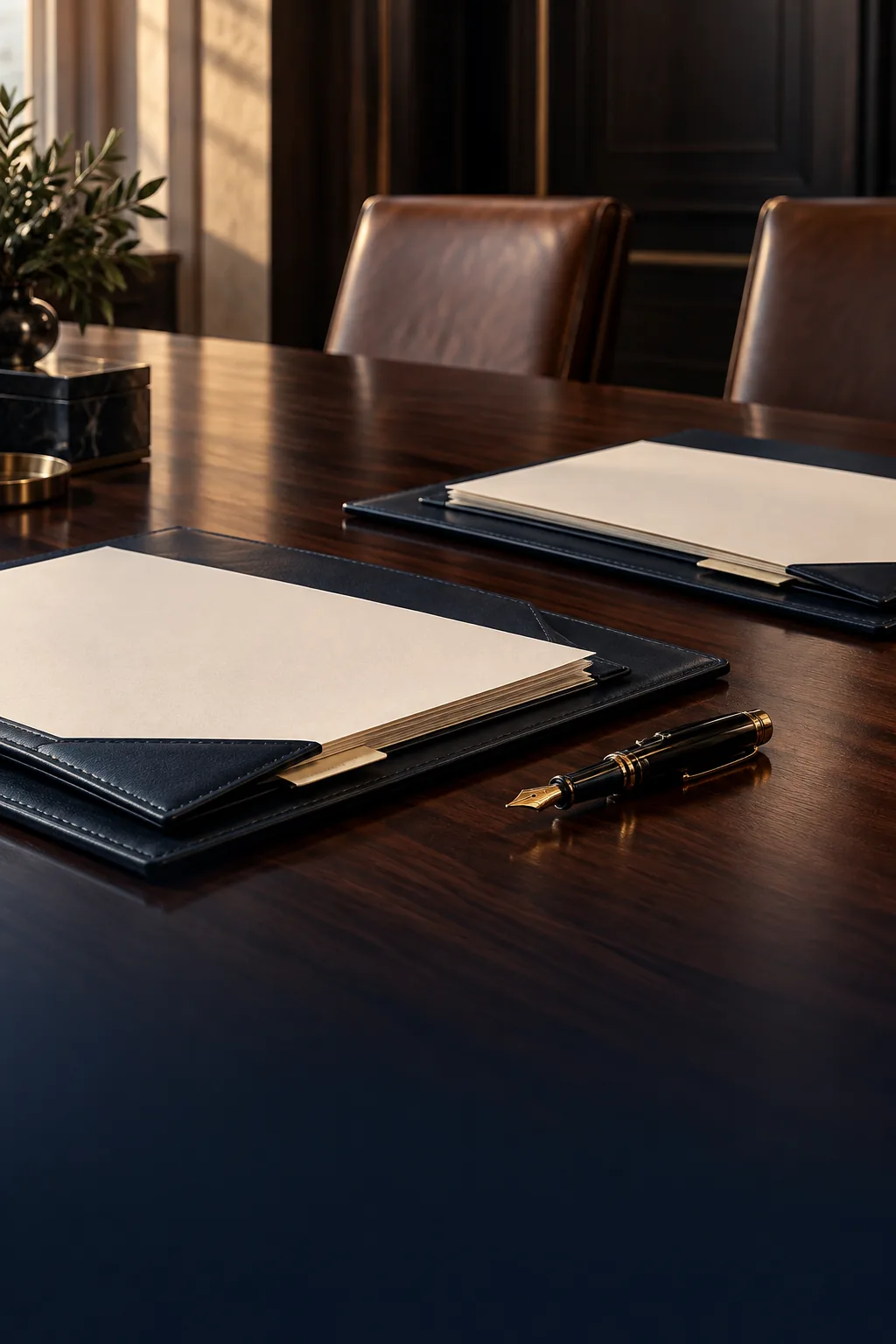 Contract folders and fountain pen arranged on an elegant conference table